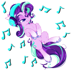 Size: 2500x2500 | Tagged: safe, artist:rurihal, imported from derpibooru, starlight glimmer, pony, unicorn, chest fluff, ear fluff, eyebrows, female, fluffy, headphones, high res, hoof fluff, mare, music notes, simple background, smiling, solo