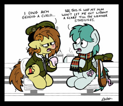 Size: 1024x883 | Tagged: safe, artist:bobthedalek, imported from derpibooru, oc, oc only, oc:bubble pump, oc:clippy ticket, earth pony, pegasus, pony, comic:trottingham transport, bag, chair, clothes, cold, handkerchief, hat, jacket, messy mane, mug, red nosed, scarf, sick, tissue