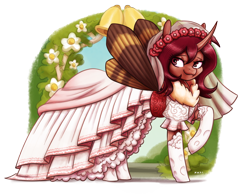 Size: 2500x1955 | Tagged: safe, artist:king-kakapo, imported from derpibooru, oc, oc only, oc:flechette, changeling, insect, moth, mothling, original species, bells, clothes, dress, female, flower, flower in hair, horn, red changeling, simple background, socks, solo, solo female, species swap, transparent background, vein, wedding dress