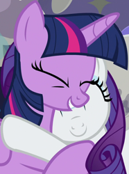 Size: 692x931 | Tagged: safe, imported from derpibooru, screencap, rarity, twilight sparkle, alicorn, pony, unicorn, the saddle row review, cropped, cute, duo, eyes closed, female, hug, mare, raribetes, smiling, twiabetes, twilight sparkle (alicorn)