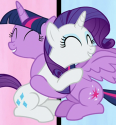 Size: 560x603 | Tagged: safe, imported from derpibooru, screencap, rarity, twilight sparkle, alicorn, pony, unicorn, fame and misfortune, cropped, cute, duo, duo female, eyes closed, female, flawless, grin, hug, mare, sitting, smiling, twilight sparkle (alicorn)