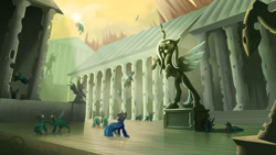 Size: 1280x720 | Tagged: safe, artist:klarapl, imported from derpibooru, queen chrysalis, changeling, changeling queen, building, clothes, female, pillar, statue