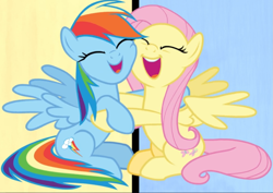 Size: 1091x773 | Tagged: safe, imported from derpibooru, screencap, fluttershy, rainbow dash, pegasus, pony, fame and misfortune, season 7, cheek squish, cropped, cute, dashabetes, duo, eyes closed, female, hug, mare, open mouth, shyabetes, sitting, smiling, spread wings, squishy cheeks, wings