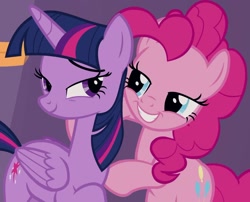 Size: 1201x971 | Tagged: safe, imported from derpibooru, screencap, pinkie pie, twilight sparkle, alicorn, earth pony, pony, a trivial pursuit, the summer sun setback, cropped, duo, eye contact, female, hug, lidded eyes, looking at each other, mare, out of context, smiling, smirk, twilight sparkle (alicorn)