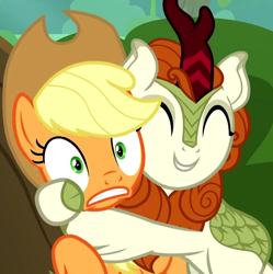 Size: 718x720 | Tagged: safe, imported from derpibooru, screencap, applejack, autumn blaze, earth pony, kirin, pony, sounds of silence, awwtumn blaze, cropped, cute, duo, duo female, eyes closed, female, hug, mare, smiling, surprised