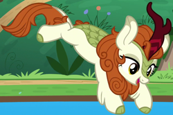 Size: 1116x739 | Tagged: safe, imported from derpibooru, screencap, autumn blaze, kirin, sounds of silence, awwtumn blaze, cropped, cute, diving, female, jumping, smiling, solo, water