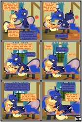 Size: 3255x4838 | Tagged: safe, artist:gutovi, imported from derpibooru, applejack, princess luna, alicorn, earth pony, pony, comic:why me!?, alternate ending, comic, cuddling, cute, female, floppy ears, hat, lesbian, lidded eyes, looking at each other, lunajack, shipping, show accurate, snuggling, sweet apple acres, tree