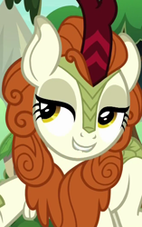 Size: 668x1064 | Tagged: safe, imported from derpibooru, screencap, autumn blaze, kirin, sounds of silence, cropped, female, lidded eyes, lip bite, poker face, smiling, smirk, solo