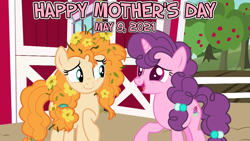 Size: 2063x1161 | Tagged: safe, artist:not-yet-a-brony, imported from derpibooru, pear butter, sugar belle, earth pony, unicorn, 2021, barn, embarrassed, heartwarming, if only, messy mane, mother and daughter-in-law, mother's day, oops, sweet apple acres, sweet dreams fuel