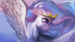 Size: 1920x1080 | Tagged: safe, artist:melonmilk, imported from derpibooru, princess celestia, alicorn, pony, crying, digital painting, dramatic, female, hair, mare, painting, sad, sadlestia, solo, wip