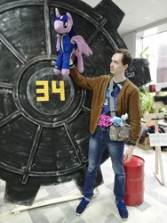 Size: 768x1024 | Tagged: safe, imported from derpibooru, trixie, twilight sparkle, human, fallout equestria, 2021, brony, cyrillic, irl, irl human, newbronycon, photo, plushie, rubronycon, russian, vault door