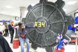 Size: 1600x1067 | Tagged: safe, imported from derpibooru, twilight sparkle, human, fallout equestria, 2021, brony, cyrillic, irl, irl human, newbronycon, photo, plushie, rubronycon, rule 34, russian, vault door