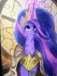 Size: 472x630 | Tagged: safe, artist:robinnomadrain, artist:robinrain8, artist:shadowingartist, imported from derpibooru, twilight sparkle, alicorn, pony, the last problem, bruised, cape, clenched teeth, cloak, clocktower, clothes, crown, crying, female, glowing horn, gritted teeth, horn, jewelry, magic, magic aura, mare, older, older twilight, princess twilight 2.0, regalia, solo, the clocktower, traditional art, twilight sparkle (alicorn)