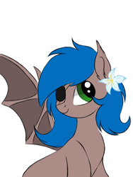 Size: 768x1024 | Tagged: safe, artist:kusturbrick, imported from derpibooru, oc, oc only, oc:ldblue, bat pony, pony, bust, cute, ear fluff, eyepatch, female, flower, looking back, mare, simple background, sitting, smiling, solo, spread wings, three quarter view, white background, wings