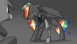 Size: 1024x595 | Tagged: safe, artist:sinrar, imported from derpibooru, gilda, rainbow dash, amputee, clothes, dog tags, jacket, monochrome, neo noir, partial color, prosthetic leg, prosthetic limb, prosthetics, scar