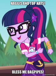 Size: 619x842 | Tagged: safe, edit, edited screencap, imported from derpibooru, screencap, sci-twi, twilight sparkle, equestria girls, equestria girls series, sunset's backstage pass!, spoiler:eqg series (season 2), caption, catchphrase, ducktales, geode of telekinesis, glasses, haggis, image macro, magical geodes, music festival outfit, scrooge mcduck, solo, text