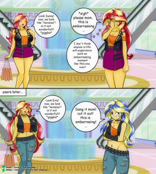 Size: 1800x2000 | Tagged: safe, artist:chuyryu, imported from derpibooru, sunset shimmer, oc, oc:evening glow, oc:summer daydream (sunset's mother), equestria girls, belly button, canterlot mall, clothes swap, comic, facepalm, female, like mother like daughter, like parent like child, mama sunset, midriff, mother and child, mother and daughter, offspring, parent:flash sentry, parent:sunset shimmer, parents:flashimmer