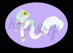 Size: 632x457 | Tagged: safe, artist:roeswolfcreations, imported from derpibooru, oc, oc only, merpony, pony, seapony (g4), bracelet, eyes closed, fish tail, flower, flower in hair, flowing tail, jewelry, simple background, smiling, solo, tail, teeth, watermark