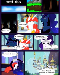 Size: 768x960 | Tagged: safe, artist:_goddesskatie_, imported from derpibooru, oc, alicorn, pony, alicorn oc, canterlot, canterlot castle, comic, dialogue, ethereal mane, female, helmet, horn, mare, mountain, peytral, starry mane, wings