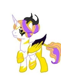 Size: 320x400 | Tagged: safe, artist:_goddesskatie_, imported from derpibooru, oc, oc only, alicorn, pony, alicorn oc, coat markings, fusion, hoof shoes, horn, horns, leonine tail, looking back, male, raised hoof, simple background, socks (coat markings), solo, stallion, white background, wings