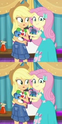 Size: 808x1617 | Tagged: safe, artist:twinet, artist:twinet-nsfw, edit, edited screencap, imported from derpibooru, screencap, applejack, fluttershy, best in show: the pre-show, equestria girls, equestria girls series, spoiler:eqg series (season 2), 2 panel comic, applejack's hat, assisted exposure, bare shoulders, comic, cowboy hat, cropped, female, geode of fauna, geode of super strength, hat, magical geodes, microphone