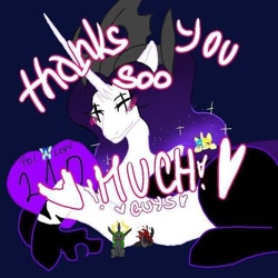 Size: 640x640 | Tagged: safe, artist:_goddesskatie_, imported from derpibooru, oc, oc only, alicorn, changeling, changeling queen, pony, alicorn oc, blue background, blushing, changeling queen oc, female, grammar error, horn, horns, leonine tail, looking back, mare, milestone, simple background, smiling, wings