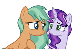 Size: 2000x1337 | Tagged: safe, artist:gallantserver, imported from derpibooru, oc, oc:frostbite, oc:saccharine, earth pony, pony, unicorn, female, mare, offspring, parent:apple brown betty, parent:aria blaze, simple background, transparent background