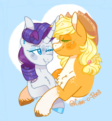 Size: 640x694 | Tagged: safe, artist:can-o-pone, imported from derpibooru, applejack, rarity, female, lesbian, one eye closed, rarijack, shipping