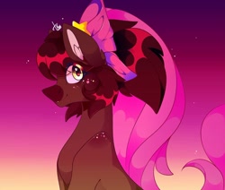 Size: 1080x915 | Tagged: safe, artist:tessa_key_, imported from derpibooru, oc, oc only, earth pony, pony, bow, bust, ear fluff, earth pony oc, female, gradient background, hair bow, mare, signature, smiling, solo