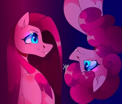 Size: 1080x915 | Tagged: safe, artist:tessa_key_, imported from derpibooru, pinkie pie, earth pony, pony, abstract background, blood, bust, duality, female, looking at each other, makeup, mare, nosebleed, pinkamena diane pie, self ponidox, signature, smiling, upside down