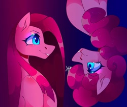 Size: 1080x915 | Tagged: safe, alternate version, artist:tessa_key_, imported from derpibooru, pinkie pie, earth pony, pony, abstract background, blood, bust, duality, female, looking at each other, makeup, mare, nosebleed, pinkamena diane pie, self ponidox, signature, smiling, upside down