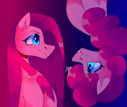 Size: 1080x915 | Tagged: safe, alternate version, artist:tessa_key_, imported from derpibooru, pinkie pie, earth pony, pony, abstract background, bust, duality, female, looking at each other, makeup, mare, pinkamena diane pie, self ponidox, signature, smiling, upside down