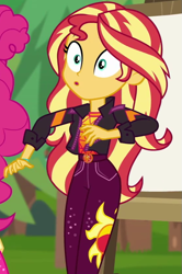 Size: 557x841 | Tagged: safe, imported from derpibooru, screencap, pinkie pie, sunset shimmer, equestria girls, equestria girls series, sunset's backstage pass!, spoiler:eqg series (season 2), cropped, female, geode of empathy, magical geodes, music festival outfit, shrunken pupils