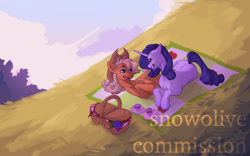 Size: 1280x800 | Tagged: safe, artist:snowolive, imported from derpibooru, applejack, rarity, earth pony, pony, unicorn, basket, cup, eyes closed, female, grass, grin, lesbian, open mouth, picnic, picnic basket, picnic blanket, rarijack, shipping, smiling, teacup, watermark