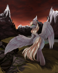 Size: 1995x2500 | Tagged: safe, artist:nikolka, imported from derpibooru, oc, oc:aurora pinfeathers, pegasus, fallout equestria, behind, butt, fallout, fallout equestria: renewal, fanfic art, female, grass, gray coat, hill, mountain, sky, sunset, tail, wings
