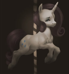 Size: 1311x1416 | Tagged: safe, artist:kemikel, imported from derpibooru, rarity, pony, unicorn, carousel, chest, desaturated, digital art, eyeshadow, female, horn, illusory preview, jumping, leaping, looking at you, makeup, midair, muscles, painting, pecs, pole, realistic anatomy, solo, solo female