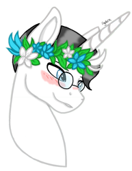 Size: 1583x2048 | Tagged: safe, alternate version, artist:agdapl, artist:elementbases, imported from derpibooru, pony, unicorn, base used, blushing, crossover, floral head wreath, flower, glasses, male, medic, ponified, simple background, species swap, stallion, team fortress 2, white background