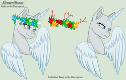 Size: 2526x1610 | Tagged: safe, artist:elementbases, imported from derpibooru, oc, oc only, alicorn, pony, alicorn oc, bald, base, blushing, bust, duo, eyelashes, female, floral head wreath, flower, gray background, horn, mare, simple background, wings