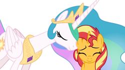 Size: 1024x570 | Tagged: safe, artist:emeraldblast63, imported from derpibooru, princess celestia, sunset shimmer, alicorn, pony, unicorn, eyes closed, jewelry, momlestia, mother's day, nuzzling, regalia, simple background, smiling, transparent background