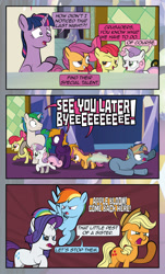 Size: 1920x3169 | Tagged: safe, artist:alexdti, imported from derpibooru, apple bloom, applejack, rainbow dash, rarity, scootaloo, sweetie belle, twilight sparkle, oc, oc:ale, oc:brainstorm (alexdti), oc:marco, oc:purple creativity, oc:star logic, oc:umberto, alicorn, earth pony, pegasus, pony, unicorn, comic:quest for friendship, comic, cutie mark crusaders, glowing, glowing horn, grammar error, horn, magic, telekinesis, twilight sparkle (alicorn)