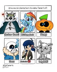 Size: 768x960 | Tagged: safe, alternate version, artist:rllph, imported from derpibooru, rainbow dash, anthro, human, pegasus, pony, wolf, six fanarts, anthro with ponies, beastars, bone, bust, colored, crossover, female, legosi (beastars), male, mare, marinette dupain-cheng, miraculous ladybug, pumpkin, rearing, sans (undertale), skeleton, smiling, undertale