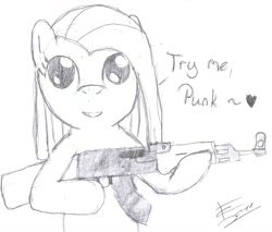 Size: 1068x908 | Tagged: safe, artist:crade, pinkie pie, earth pony, pony, female, gun, looking at you, monochrome, pinkamena diane pie, sketch, solo, solo female, weapon