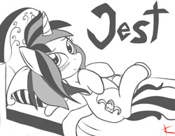 Size: 1285x1000 | Tagged: safe, artist:crade, oc, oc:jest, pony, unicorn, female, monochrome, solo, solo female