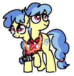 Size: 242x248 | Tagged: safe, artist:kleyime, oc, oc only, oc:eeny meeny, oc:miney moe, earth pony, pony, camera, clothes, conjoined, conjoined twins, hawaiian shirt, raised hoof, shirt, simple background, smiling, white background