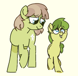 Size: 568x552 | Tagged: safe, artist:kleyime, oc, oc only, oc:key lime, oc:pomelo, earth pony, pony, female, mother and child, mother and daughter, raised hoof, simple background, smiling, walking