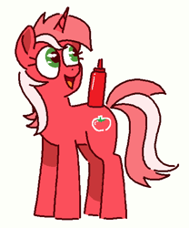 Size: 434x522 | Tagged: safe, artist:kleyime, lyra heartstrings, pony, unicorn, food, ketchup, ketchup bottle, open mouth, sauce, simple background, smiling, tomato, white background