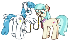 Size: 714x417 | Tagged: safe, coco pommel, oc, earth pony, pegasus, pony, looking back, measure tape, simple background, smiling, spread wings, white background, wings