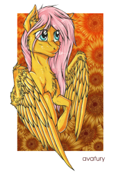 Size: 2480x3508 | Tagged: safe, artist:avafury, imported from derpibooru, fluttershy, pegasus, pony, cheek fluff, chest fluff, ear fluff, eye clipping through hair, female, floral background, flower, mare, solo, sunflower