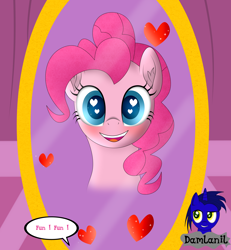 Size: 3840x4154 | Tagged: safe, artist:damlanil, imported from derpibooru, pinkie pie, earth pony, pony, blushing, carousel boutique, comic, cute, diapinkes, female, happy, heart, heart eyes, looking at you, mare, mirror, open mouth, simple background, smiling, text, vector, wingding eyes