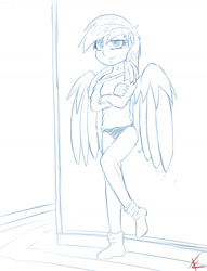 Size: 1103x1444 | Tagged: safe, artist:crade, rainbow dash, human, clothes, female, humanized, looking at you, monochrome, panties, sketch, socks, solo, solo female, underwear, wings